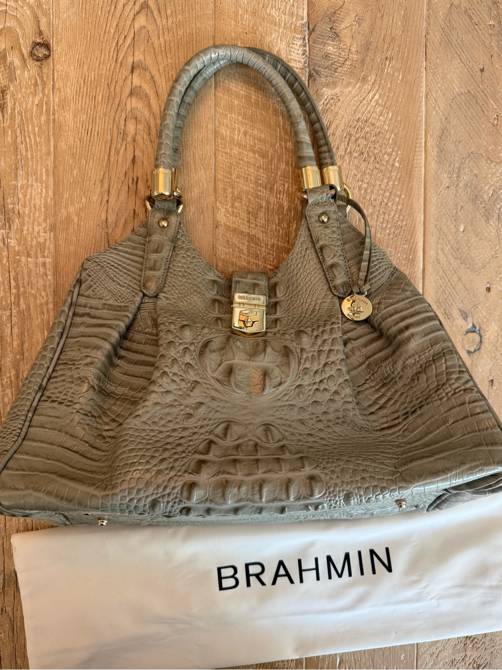 Brahmin Taupe Gray Croc-Embossed Leather Tote with Gold Hardware